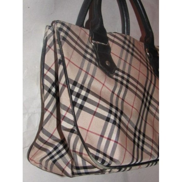 Burberry Vintage  Black Leather Nova Check Plaid Fabric Tote - Picture 12 of 12